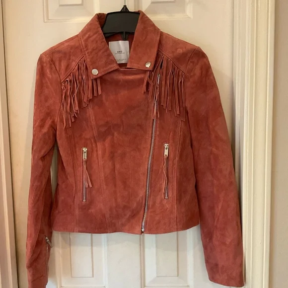 MNG Mango Leather biker fringed jacket with zipper detail, mauve color, Sz M - Picture 15 of 16